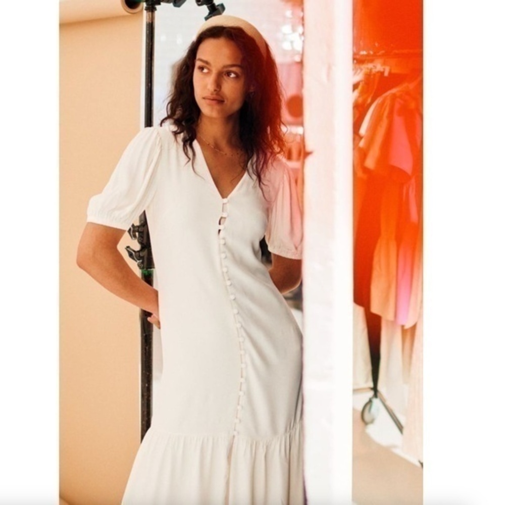 & Other Stories Button Down Puff Sleeve Midi Dress in White Dusty Light Size 2